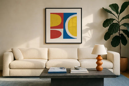 Primary II by Wild Apple Portfolio. Displayed in a glass frame with matte in a clean modern living room. Available as an archival giclee rolled canvas, fine art paper, or poster print. SKU 82322a.