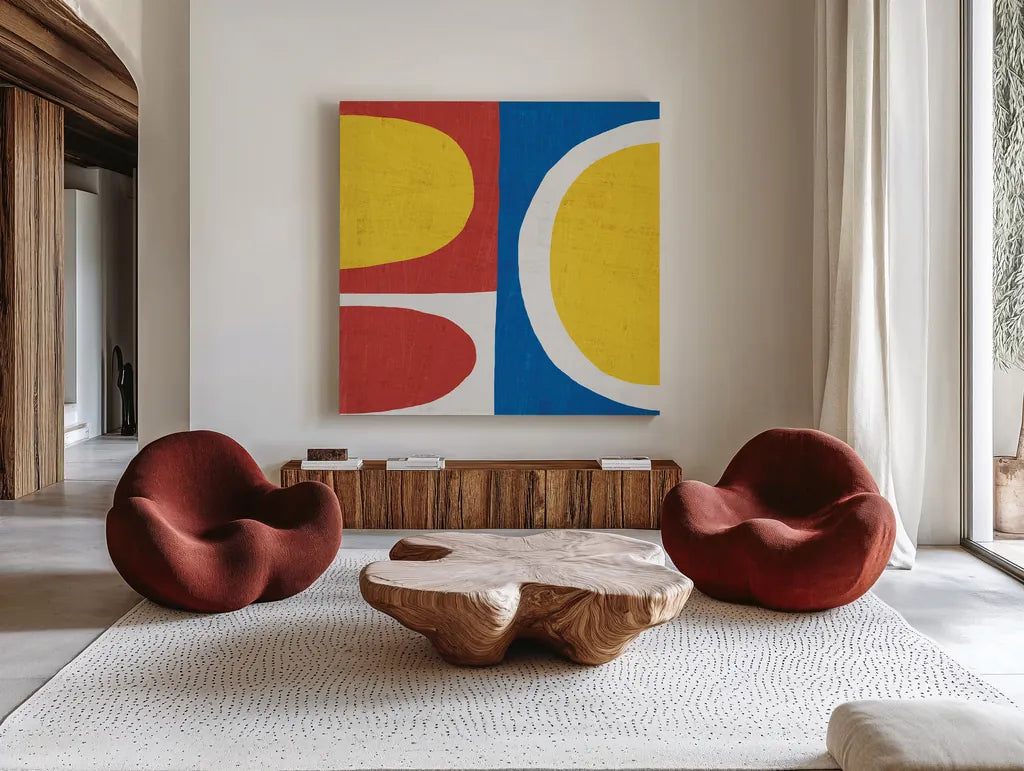 Primary II by Wild Apple Portfolio. Shown as extra-large giant wall art in a modern living room. Available as an archival giclee rolled canvas, fine art paper, or poster print. SKU 82322a.