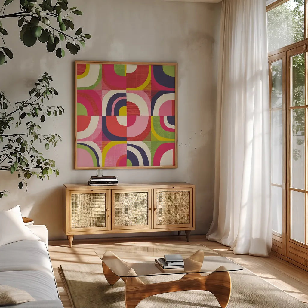 Quarter Circle Abstract by Wild Apple Portfolio. Shown in a natural wood frame in a cozy modern living room. Available as an archival giclee rolled canvas, fine art paper, or poster print. SKU 87002a.