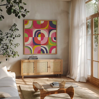 Quarter Circle Abstract by Wild Apple Portfolio. Shown in a natural wood frame in a cozy modern living room. Available as an archival giclee rolled canvas, fine art paper, or poster print. SKU 87002a.