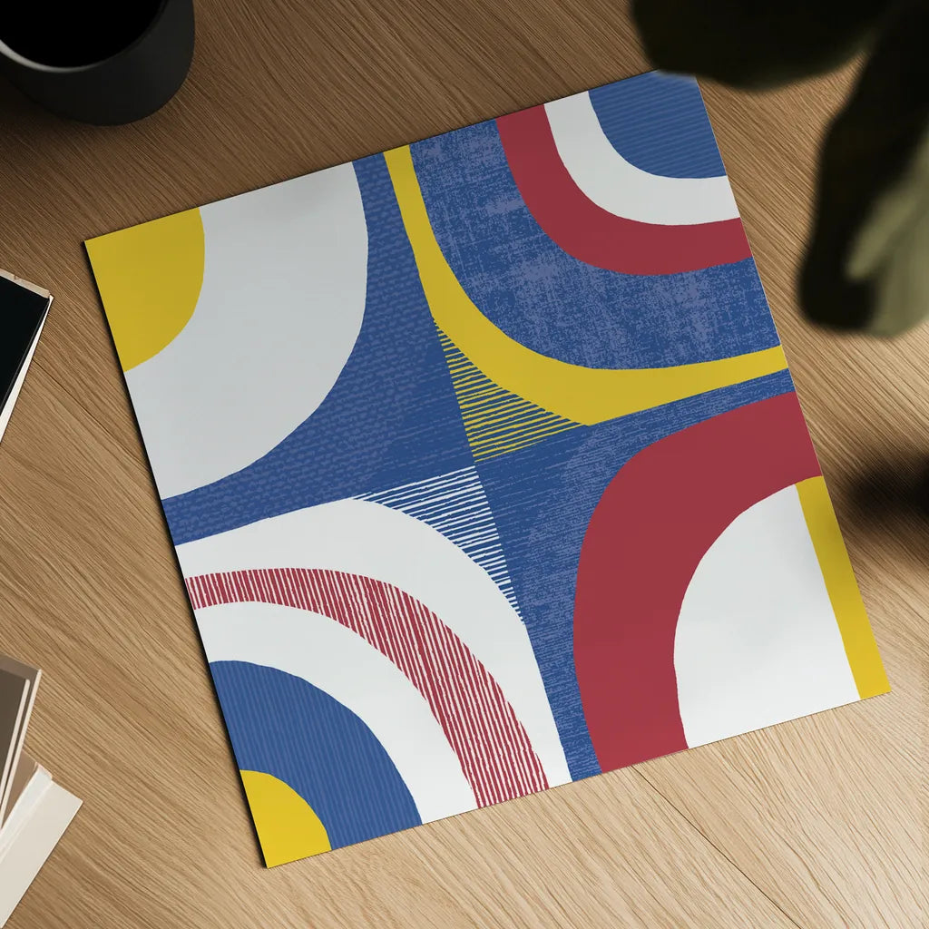 Quarter Circle Abstract Sq IV Bright Primary by Wild Apple Portfolio. Shown as a detailed flat fine art print, highlighting archival giclee quality. Available as an archival giclee rolled canvas, fine art paper, or poster print. SKU 82318a.