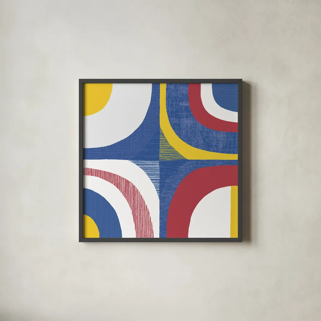 Quarter Circle Abstract Sq IV Bright Primary by Wild Apple Portfolio. Shown in a sleek black glass frame for a contemporary gallery look. Available as an archival giclee rolled canvas, fine art paper, or poster print. SKU 82318a.