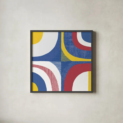 Quarter Circle Abstract Sq IV Bright Primary by Wild Apple Portfolio. Shown in a sleek black glass frame for a contemporary gallery look. Available as an archival giclee rolled canvas, fine art paper, or poster print. SKU 82318a.