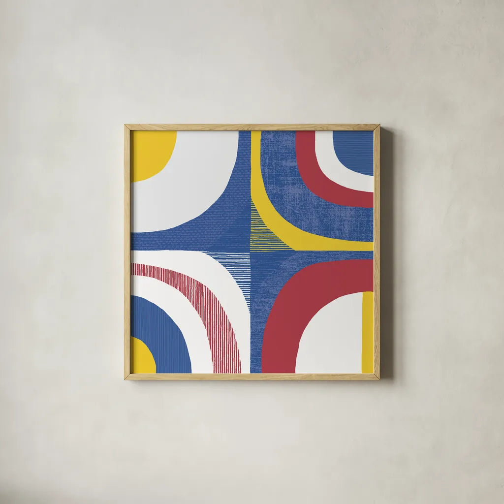 Quarter Circle Abstract Sq IV Bright Primary by Wild Apple Portfolio. Shown in a natural wood glass frame for a timeless modern aesthetic. Available as an archival giclee rolled canvas, fine art paper, or poster print. SKU 82318a.