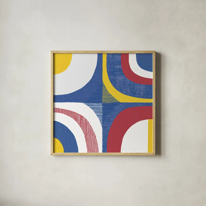 Quarter Circle Abstract Sq IV Bright Primary by Wild Apple Portfolio. Shown in a natural wood glass frame for a timeless modern aesthetic. Available as an archival giclee rolled canvas, fine art paper, or poster print. SKU 82318a.