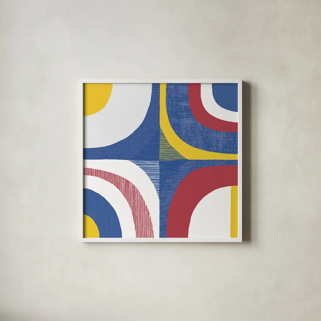 Quarter Circle Abstract Sq IV Bright Primary by Wild Apple Portfolio. Shown in a crisp white glass frame for a clean and minimalist style. Available as an archival giclee rolled canvas, fine art paper, or poster print. SKU 82318a.