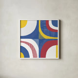 Quarter Circle Abstract Sq IV Bright Primary by Wild Apple Portfolio. Shown in a crisp white glass frame for a clean and minimalist style. Available as an archival giclee rolled canvas, fine art paper, or poster print. SKU 82318a.