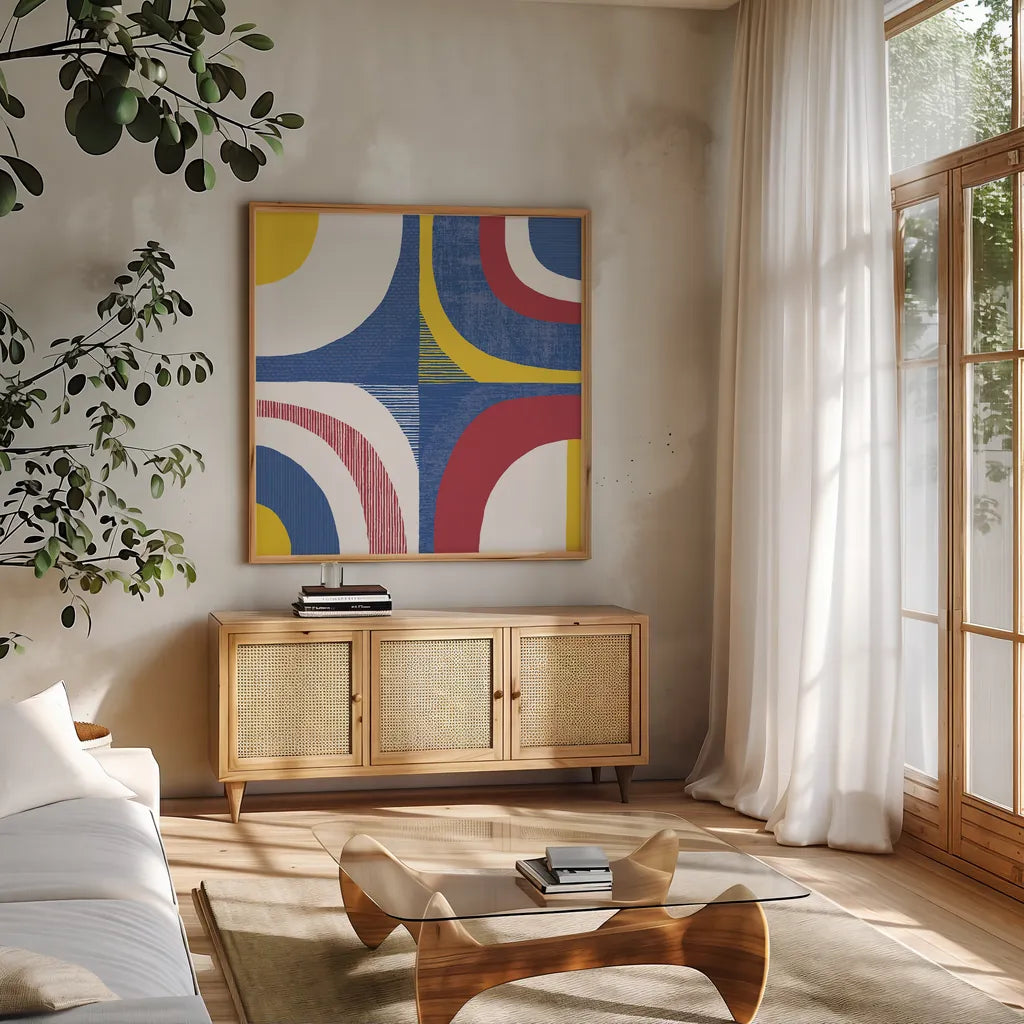 Quarter Circle Abstract Sq IV Bright Primary by Wild Apple Portfolio. Shown in a natural wood frame in a cozy modern living room. Available as an archival giclee rolled canvas, fine art paper, or poster print. SKU 82318a.