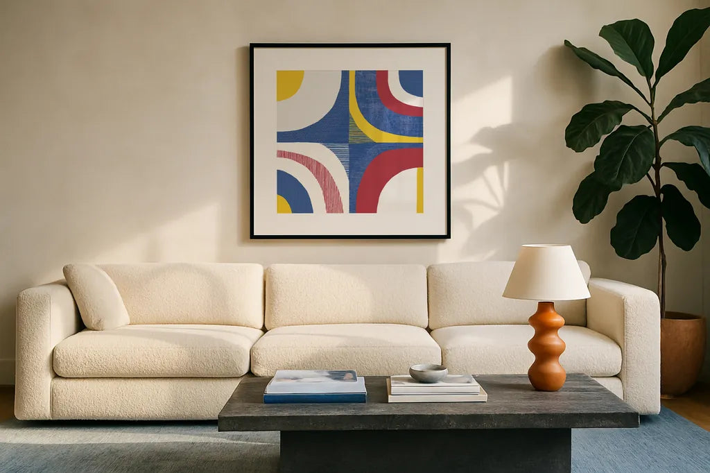 Quarter Circle Abstract Sq IV Bright Primary by Wild Apple Portfolio. Displayed in a glass frame with matte in a clean modern living room. Available as an archival giclee rolled canvas, fine art paper, or poster print. SKU 82318a.