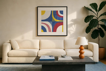 Quarter Circle Abstract Sq IV Bright Primary by Wild Apple Portfolio. Displayed in a glass frame with matte in a clean modern living room. Available as an archival giclee rolled canvas, fine art paper, or poster print. SKU 82318a.