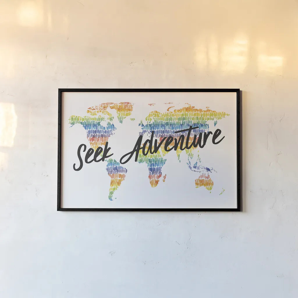 Rainbow World I Adventure by Wild Apple Portfolio. shown as a paper print in a black flame. Available as a archival giclee rolled canvas, fine art paper, or poster print. SKU 75335i.