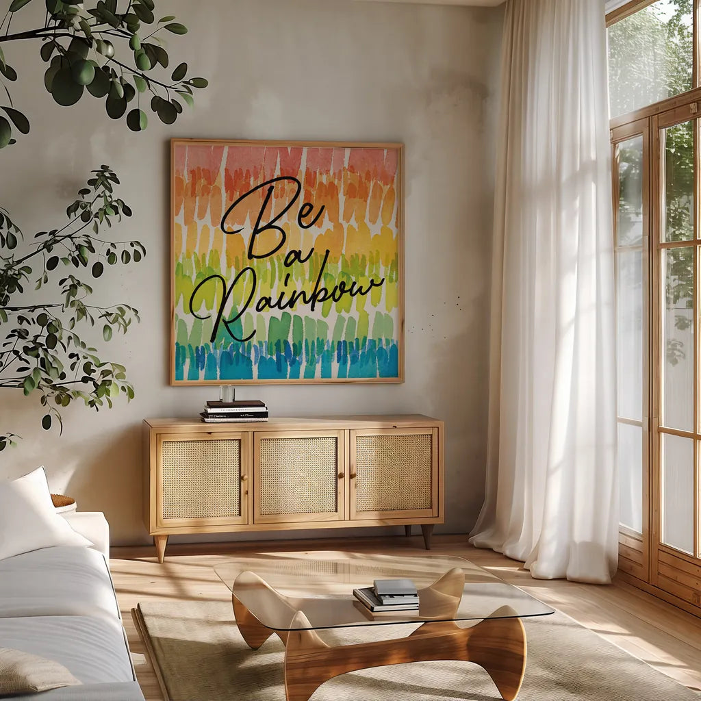 Rainbow World II by Wild Apple Portfolio. Shown in a natural wood frame in a cozy modern living room. Available as an archival giclee rolled canvas, fine art paper, or poster print. SKU 63007a.