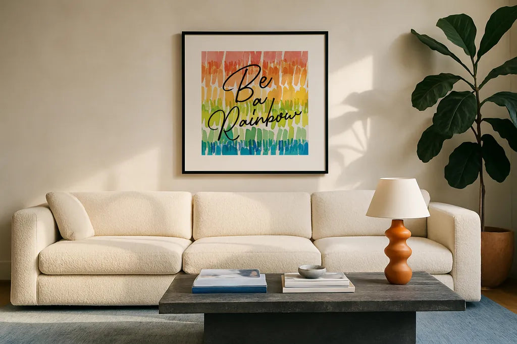 Rainbow World II by Wild Apple Portfolio. Displayed in a glass frame with matte in a clean modern living room. Available as an archival giclee rolled canvas, fine art paper, or poster print. SKU 63007a.
