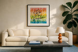 Rainbow World II by Wild Apple Portfolio. Displayed in a glass frame with matte in a clean modern living room. Available as an archival giclee rolled canvas, fine art paper, or poster print. SKU 63007a.