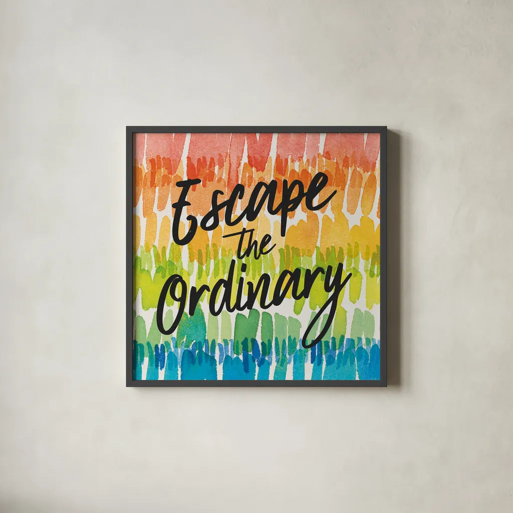 Rainbow World II Escape by Wild Apple Portfolio. Shown in a sleek black glass frame for a contemporary gallery look. Available as an archival giclee rolled canvas, fine art paper, or poster print. SKU 75336a.