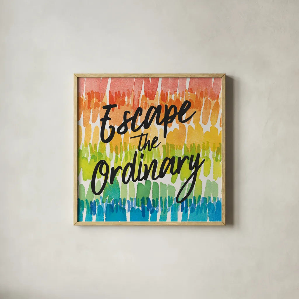 Rainbow World II Escape by Wild Apple Portfolio. Shown in a natural wood glass frame for a timeless modern aesthetic. Available as an archival giclee rolled canvas, fine art paper, or poster print. SKU 75336a.