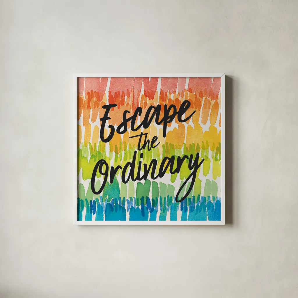 Rainbow World II Escape by Wild Apple Portfolio. Shown in a crisp white glass frame for a clean and minimalist style. Available as an archival giclee rolled canvas, fine art paper, or poster print. SKU 75336a.