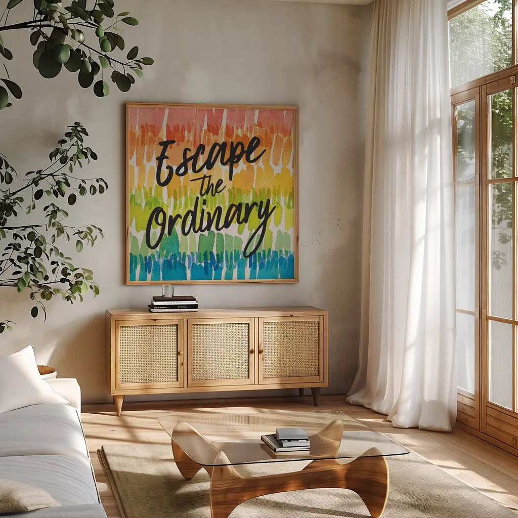 Rainbow World II Escape by Wild Apple Portfolio. Shown in a natural wood frame in a cozy modern living room. Available as an archival giclee rolled canvas, fine art paper, or poster print. SKU 75336a.