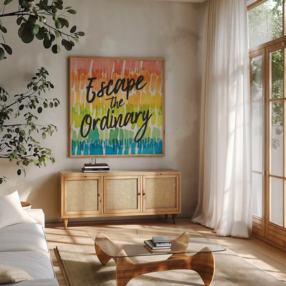Rainbow World II Escape by Wild Apple Portfolio. Shown in a natural wood frame in a cozy modern living room. Available as an archival giclee rolled canvas, fine art paper, or poster print. SKU 75336a.