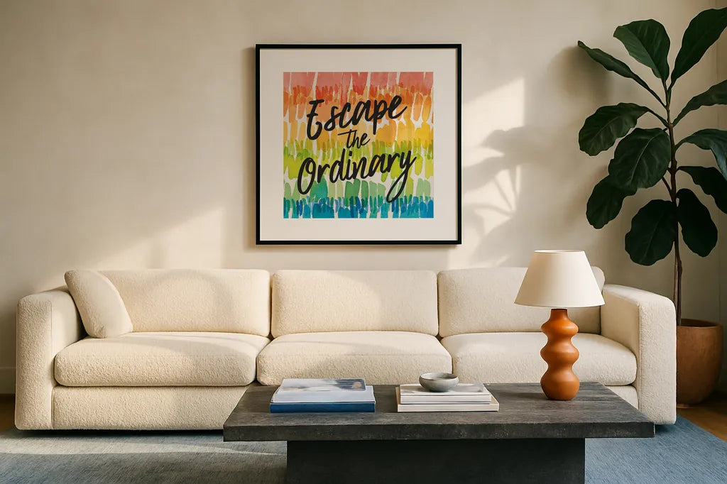 Rainbow World II Escape by Wild Apple Portfolio. Displayed in a glass frame with matte in a clean modern living room. Available as an archival giclee rolled canvas, fine art paper, or poster print. SKU 75336a.