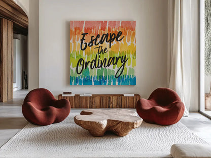 Rainbow World II Escape by Wild Apple Portfolio. Shown as extra-large giant wall art in a modern living room. Available as an archival giclee rolled canvas, fine art paper, or poster print. SKU 75336a.