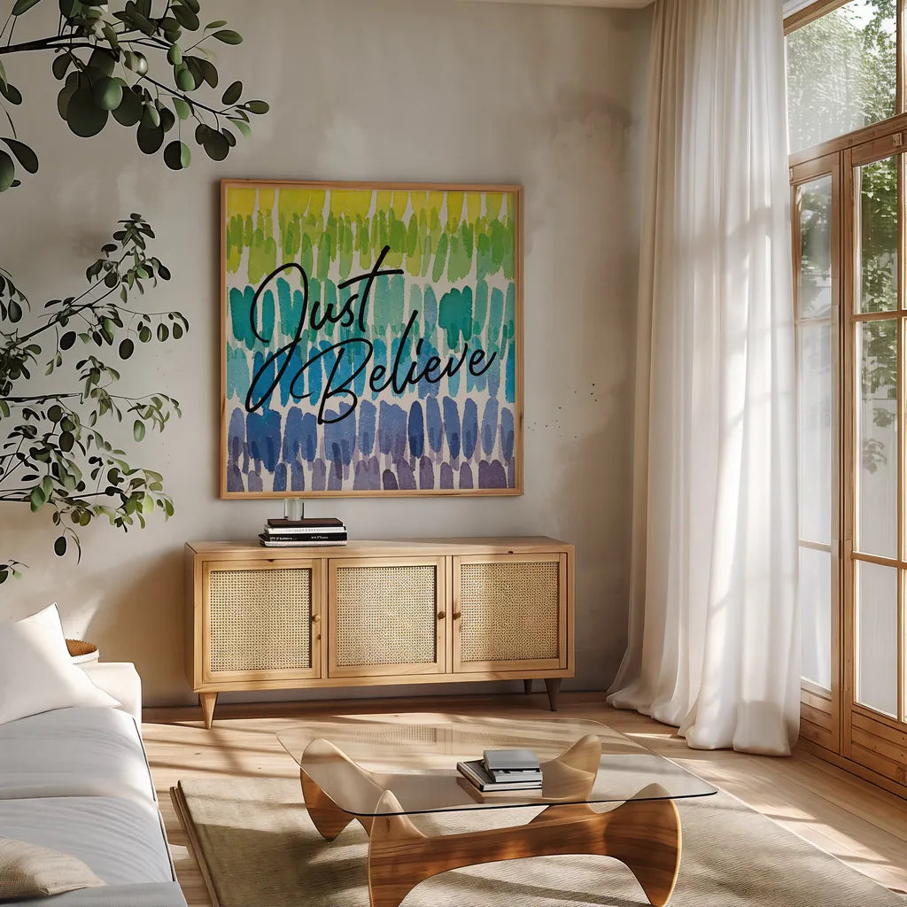 Rainbow World III by Wild Apple Portfolio. Shown in a natural wood frame in a cozy modern living room. Available as an archival giclee rolled canvas, fine art paper, or poster print. SKU 63008a.