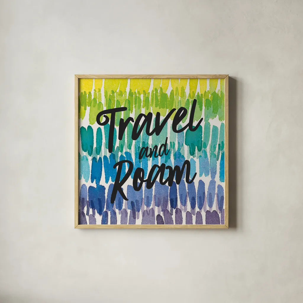 Rainbow World III Travel by Wild Apple Portfolio. Shown in a natural wood glass frame for a timeless modern aesthetic. Available as an archival giclee rolled canvas, fine art paper, or poster print. SKU 75337a.