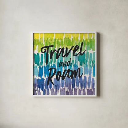 Rainbow World III Travel by Wild Apple Portfolio. Shown in a crisp white glass frame for a clean and minimalist style. Available as an archival giclee rolled canvas, fine art paper, or poster print. SKU 75337a.