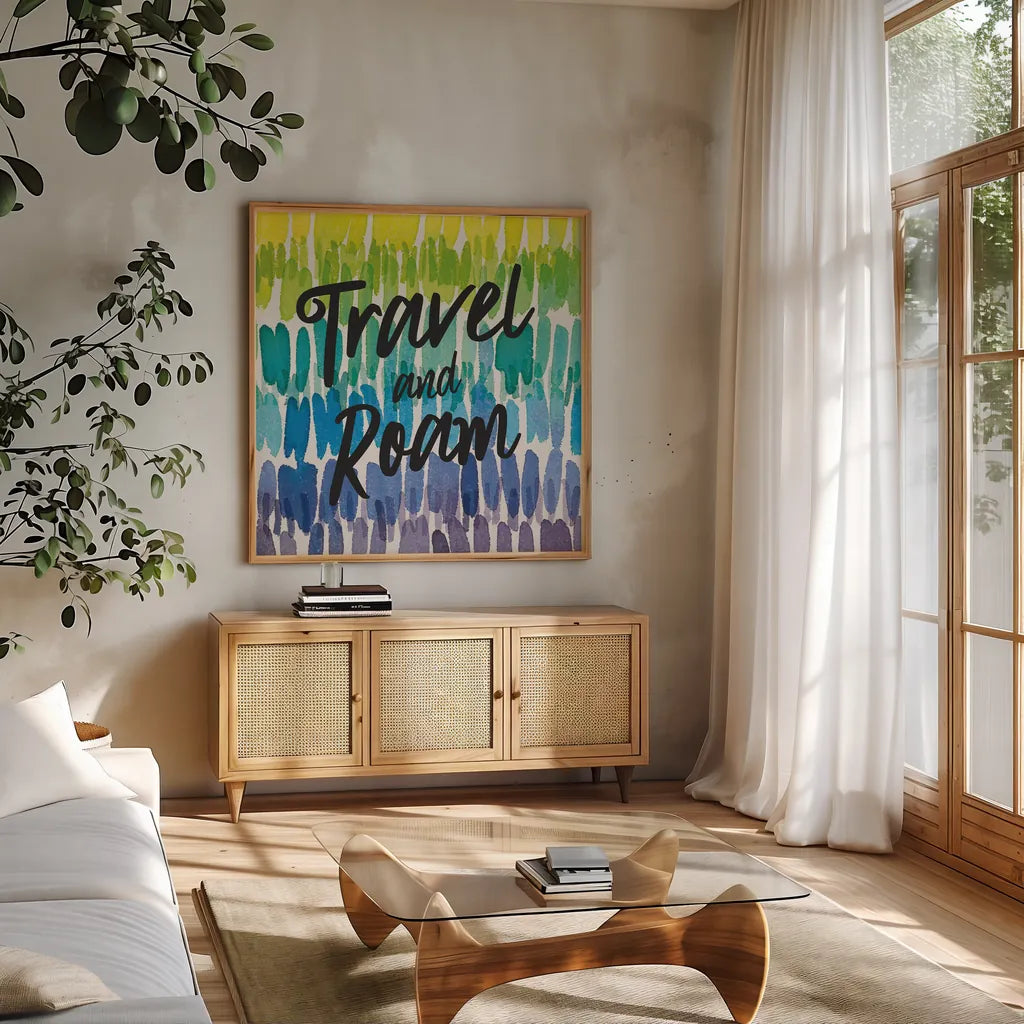 Rainbow World III Travel by Wild Apple Portfolio. Shown in a natural wood frame in a cozy modern living room. Available as an archival giclee rolled canvas, fine art paper, or poster print. SKU 75337a.