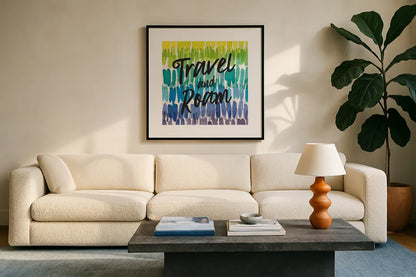 Rainbow World III Travel by Wild Apple Portfolio. Displayed in a glass frame with matte in a clean modern living room. Available as an archival giclee rolled canvas, fine art paper, or poster print. SKU 75337a.