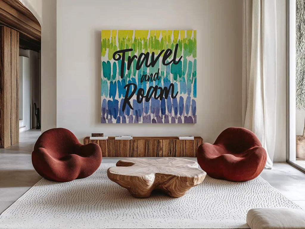 Rainbow World III Travel by Wild Apple Portfolio. Shown as extra-large giant wall art in a modern living room. Available as an archival giclee rolled canvas, fine art paper, or poster print. SKU 75337a.