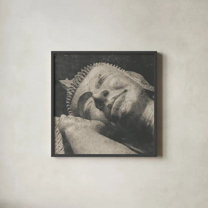 Reclining Buddha by Wild Apple Portfolio. Shown in a sleek black glass frame for a contemporary gallery look. Available as an archival giclee rolled canvas, fine art paper, or poster print. SKU 38801a.
