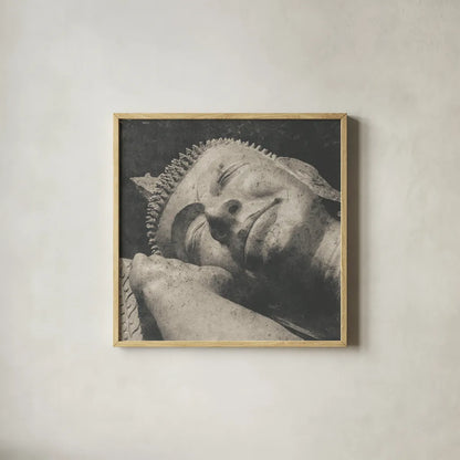 Reclining Buddha by Wild Apple Portfolio. Shown in a natural wood glass frame for a timeless modern aesthetic. Available as an archival giclee rolled canvas, fine art paper, or poster print. SKU 38801a.
