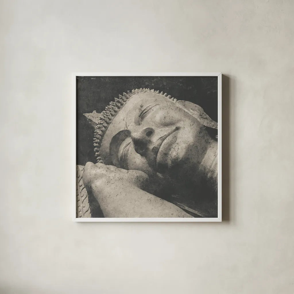 Reclining Buddha by Wild Apple Portfolio. Shown in a crisp white glass frame for a clean and minimalist style. Available as an archival giclee rolled canvas, fine art paper, or poster print. SKU 38801a.