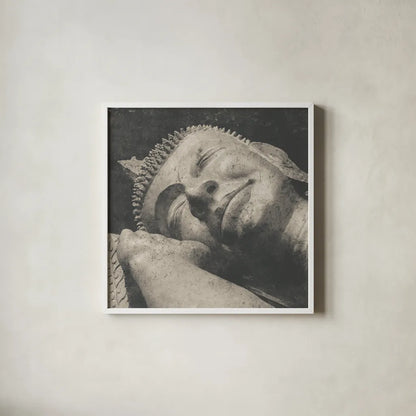 Reclining Buddha by Wild Apple Portfolio. Shown in a crisp white glass frame for a clean and minimalist style. Available as an archival giclee rolled canvas, fine art paper, or poster print. SKU 38801a.