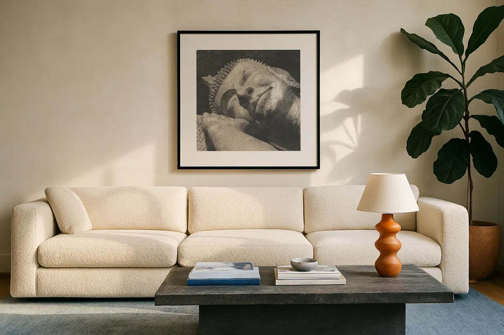 Reclining Buddha by Wild Apple Portfolio. Displayed in a glass frame with matte in a clean modern living room. Available as an archival giclee rolled canvas, fine art paper, or poster print. SKU 38801a.