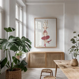 Reindeer VI by Wild Apple Portfolio. shown as a print in a natural wood frame in a dining room. Available as a archival giclee rolled canvas, fine art paper, or poster print. SKU 103520h.