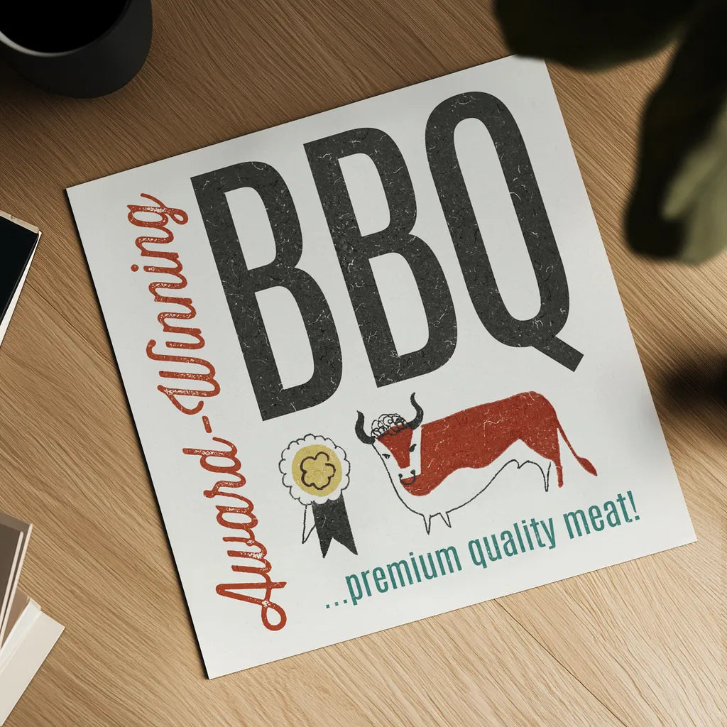 Retro Food Award Winning BBQ by Wild Apple Portfolio. Shown as a detailed flat fine art print, highlighting archival giclee quality. Available as an archival giclee rolled canvas, fine art paper, or poster print. SKU 92155a.