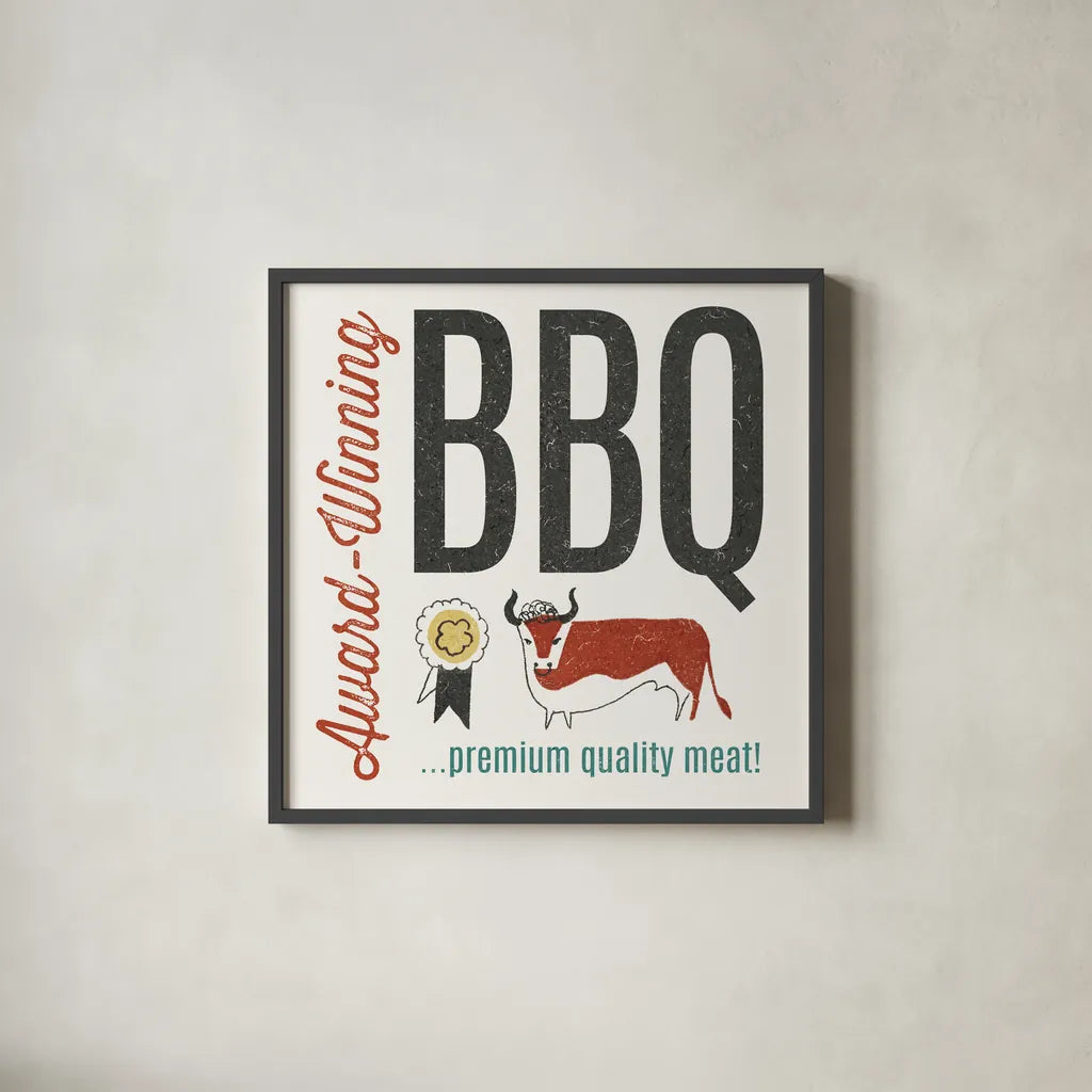 Retro Food Award Winning BBQ by Wild Apple Portfolio. Shown in a sleek black glass frame for a contemporary gallery look. Available as an archival giclee rolled canvas, fine art paper, or poster print. SKU 92155a.
