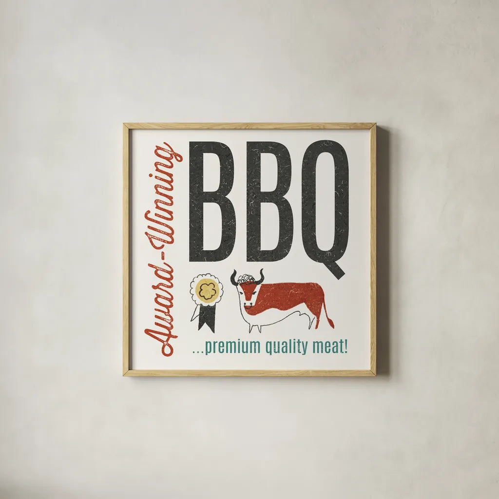 Retro Food Award Winning BBQ by Wild Apple Portfolio. Shown in a natural wood glass frame for a timeless modern aesthetic. Available as an archival giclee rolled canvas, fine art paper, or poster print. SKU 92155a.