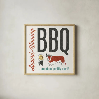 Retro Food Award Winning BBQ by Wild Apple Portfolio. Shown in a natural wood glass frame for a timeless modern aesthetic. Available as an archival giclee rolled canvas, fine art paper, or poster print. SKU 92155a.