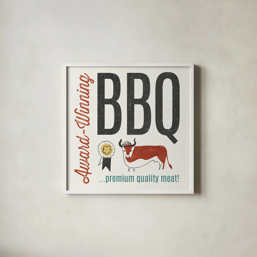 Retro Food Award Winning BBQ by Wild Apple Portfolio. Shown in a crisp white glass frame for a clean and minimalist style. Available as an archival giclee rolled canvas, fine art paper, or poster print. SKU 92155a.