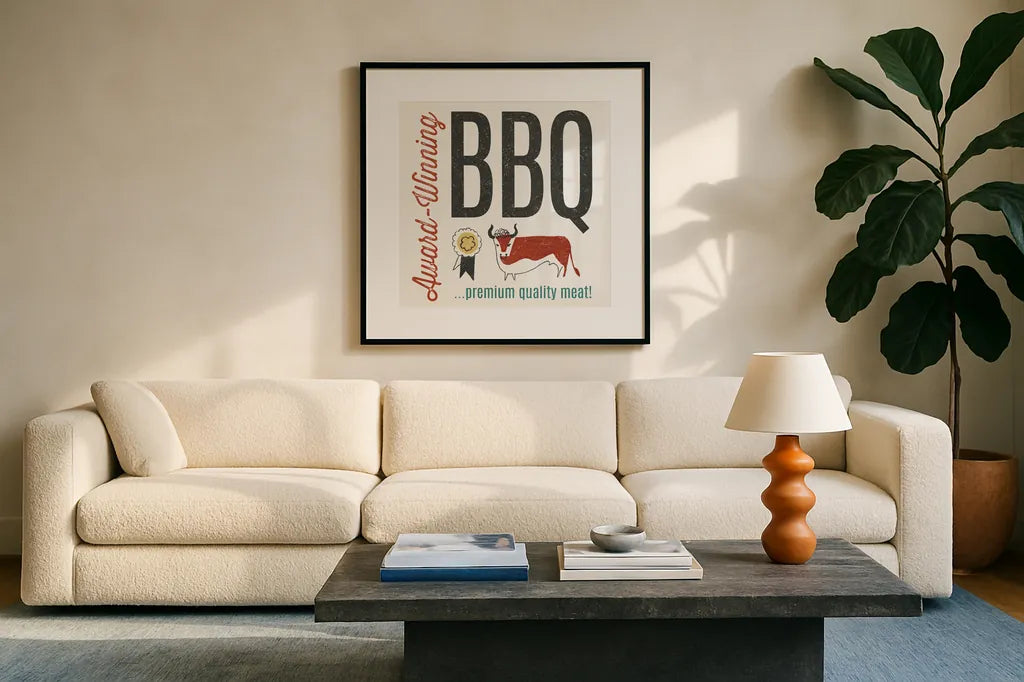 Retro Food Award Winning BBQ by Wild Apple Portfolio. Displayed in a glass frame with matte in a clean modern living room. Available as an archival giclee rolled canvas, fine art paper, or poster print. SKU 92155a.