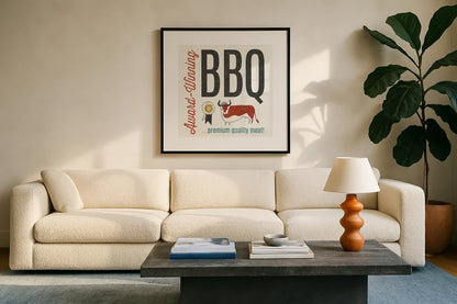 Retro Food Award Winning BBQ by Wild Apple Portfolio. Displayed in a glass frame with matte in a clean modern living room. Available as an archival giclee rolled canvas, fine art paper, or poster print. SKU 92155a.