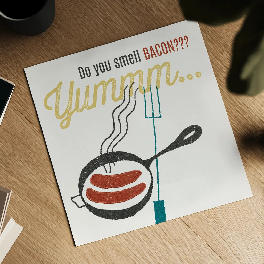 Retro Food Bacon by Wild Apple Portfolio. Shown as a detailed flat fine art print, highlighting archival giclee quality. Available as an archival giclee rolled canvas, fine art paper, or poster print. SKU 92156a.