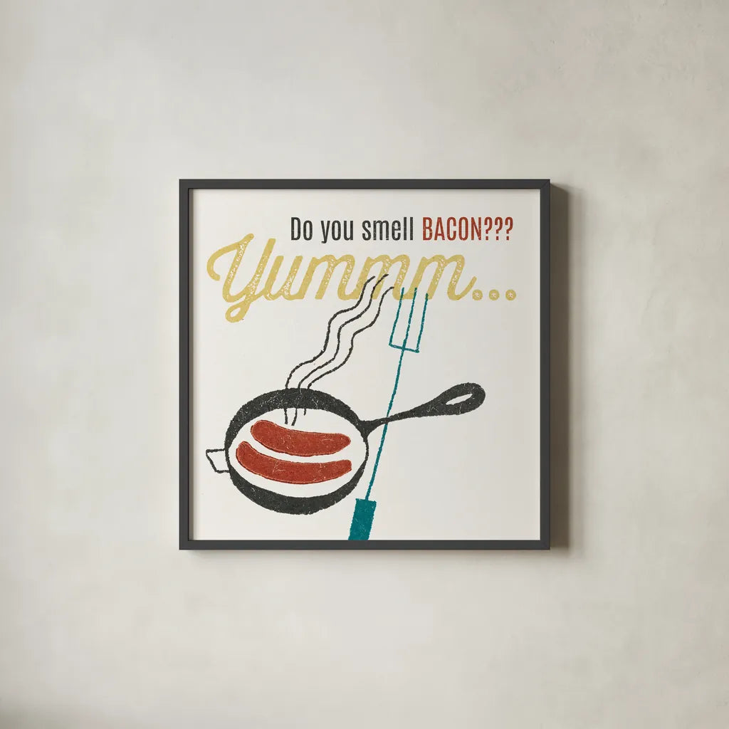 Retro Food Bacon by Wild Apple Portfolio. Shown in a sleek black glass frame for a contemporary gallery look. Available as an archival giclee rolled canvas, fine art paper, or poster print. SKU 92156a.