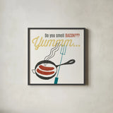 Retro Food Bacon by Wild Apple Portfolio. Shown in a sleek black glass frame for a contemporary gallery look. Available as an archival giclee rolled canvas, fine art paper, or poster print. SKU 92156a.