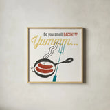 Retro Food Bacon by Wild Apple Portfolio. Shown in a natural wood glass frame for a timeless modern aesthetic. Available as an archival giclee rolled canvas, fine art paper, or poster print. SKU 92156a.