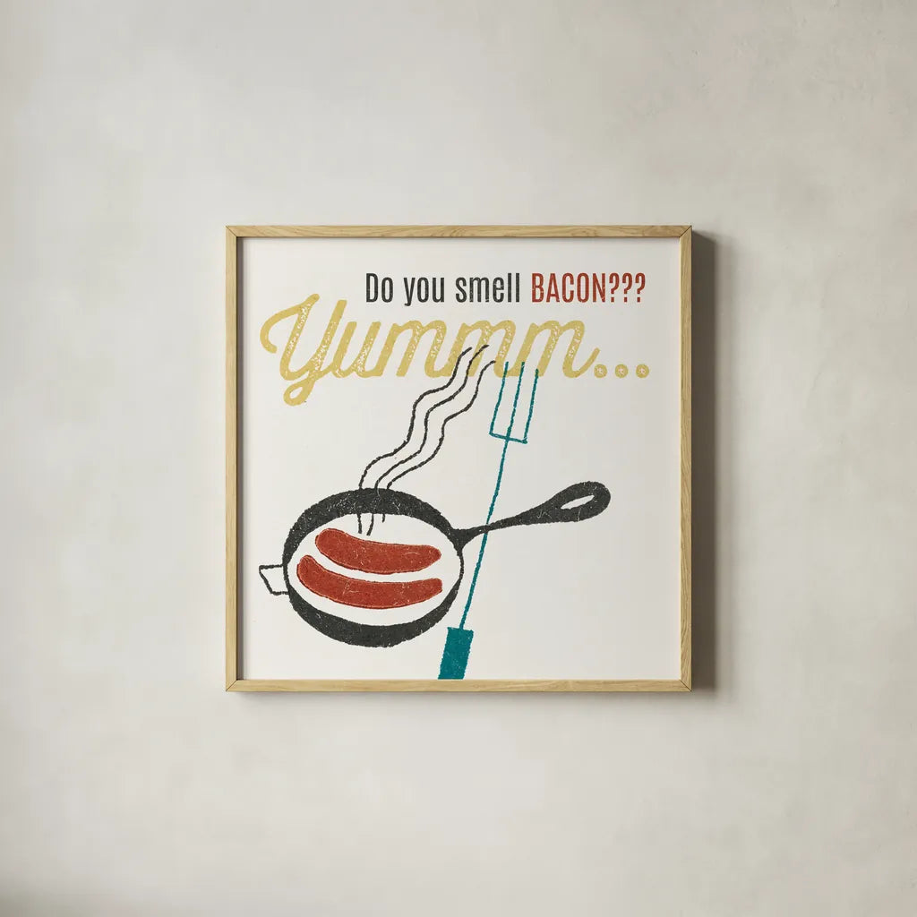Retro Food Bacon by Wild Apple Portfolio. Shown in a natural wood glass frame for a timeless modern aesthetic. Available as an archival giclee rolled canvas, fine art paper, or poster print. SKU 92156a.
