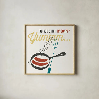 Retro Food Bacon by Wild Apple Portfolio. Shown in a natural wood glass frame for a timeless modern aesthetic. Available as an archival giclee rolled canvas, fine art paper, or poster print. SKU 92156a.